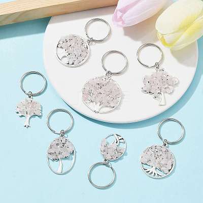 Natural Rose Quartz Chip & Alloy Tree of Life Pendant Keychain KEYC-JKC00648-05-1
