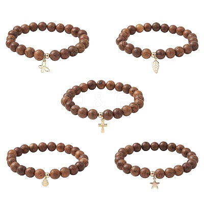 5Pcs 5 Style Natural Wenge Wood Round Beaded Stretch Bracelets Set BJEW-JB10012-1