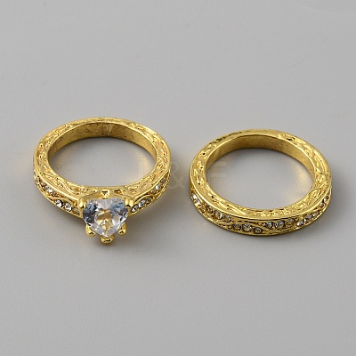 2Pcs 2 Style Cubic Zirconia Heart Finger Rings RJEW-WH0016-02G-02-1