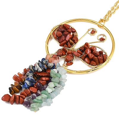 Butterfly Brass & Natural Mixed Stone Pendant Decorations HJEW-Z007-04G-1