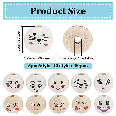 50Pcs 10 Styles Printed Wood European Beads WOOD-UN0001-22B-1
