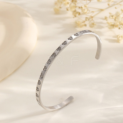 304 Stainless Steel Pave Heart Clear Cubic Zirconia Open Cuff Bangles for Women WG7A2FA-02-1
