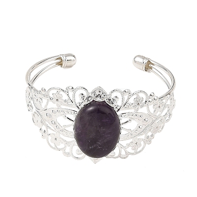 Oval Natural Mixed Stone Brass Hollow Floral Cuff Bangles for Women BJEW-JB14504-1