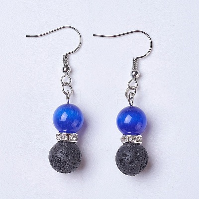 Cat Eye and Natural Lava Rock Dangle Earrings EJEW-JE03057-M-1