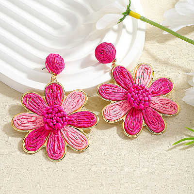 Flower Alloy Raffia Dangle Stud Earrings FS-WGFD46F-03-1