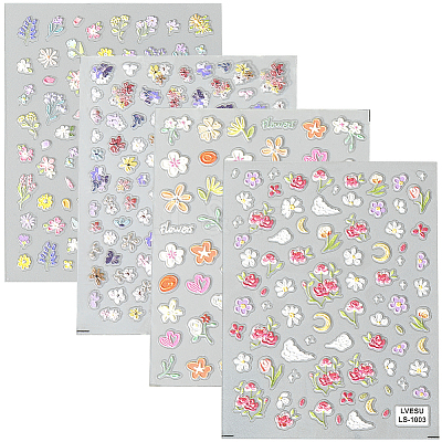 4Pcs 4 Styles Flower Pattern Self Adhesive PET Nail Art Stickers Decals MRMJ-SP0001-19-1
