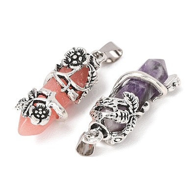 Natural Gemstone Alloy Rose Wrapped Hexagonal Prism Pointed Pendants GG-CBA040B-01AS-1