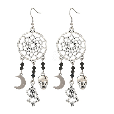 Halloween 304 Stainless Steel & Alloy & Glass Skull & Skeleton & Moon Dangle Earrings EJEW-TA00831-1