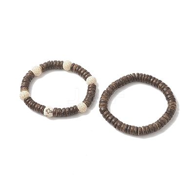 2Pcs 2 Style Cross Natural Wood & Coconut Beaded Stretch Bracelets Set for Women BJEW-JB09317-1