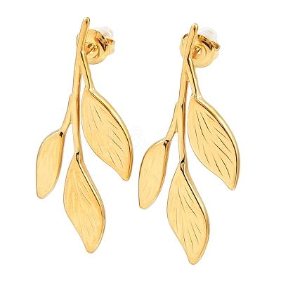 Leaf 304 Stainless Steel Stud Earrings EJEW-P332-02G-1