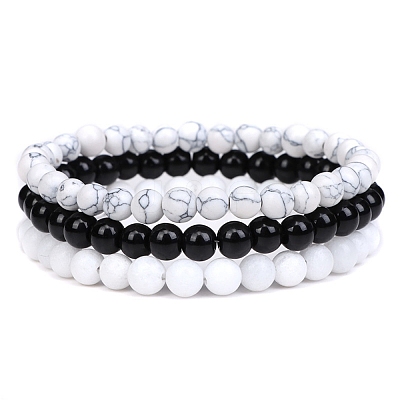 3Pcs 3 Style Natural Howlite & Black Agate & Quartz Crystal Round Beaded Stretch Bracelets Set PW23030760813-1