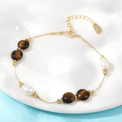 Brass Natural Freshwater Pearl Beaded Bracelets for Women BJEW-U046-01G-1