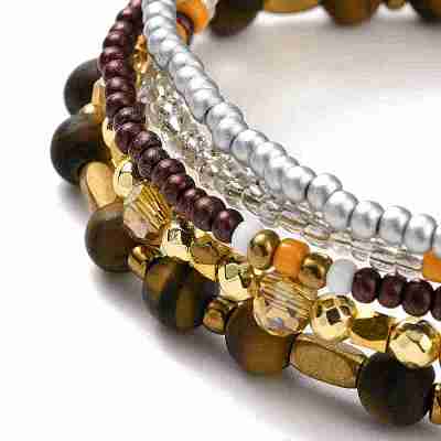 5Pcs 5 Style Natural Frosted Tiger Eye & Synthetic Hematite & Glass Sead Beads Stretch Bracelets Set BJEW-JB07670-01-1
