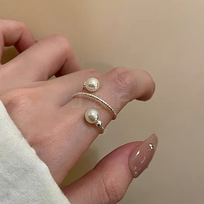 Alloy with Plastic Pearl Round Bead Adjustable Cuff Open Rings for Women FS-WGFAAAF-01-1