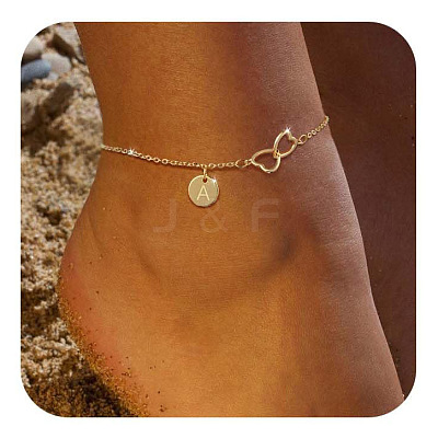 Brass Double Heart Link Flat Round Initial Charm Anklets for Women FS-WGA84B7-04-1