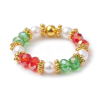 Glass & Imitated Pearl Acrylic Round Beads Finger Rings RJEW-JR00682-1