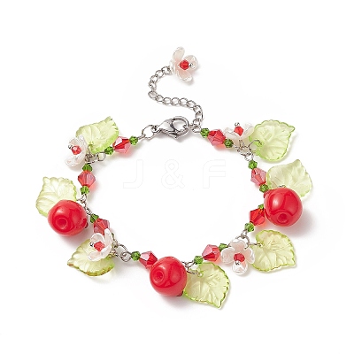 Teacher's Day Theme Resin Apple Charm Bracelets with Acrylic Leaf & Plastic Flower BJEW-JB09209-1