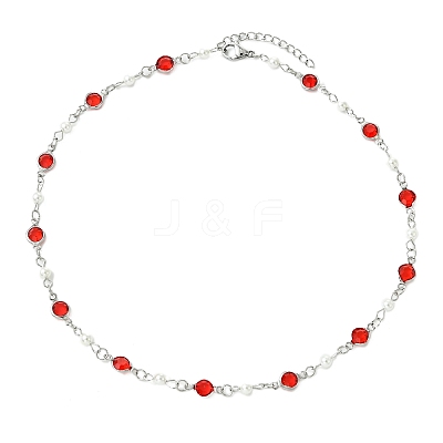 304 Stainless Steel Glass Flat Round Link Chain Necklaces with Shell Pearl for Women NJEW-JN06160-1