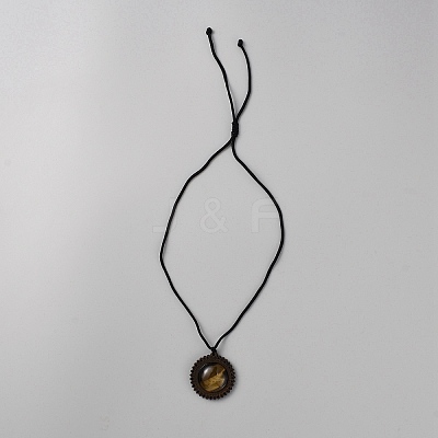 Natural Tiger Eye & Wood Flower Pendant Necklace with Adjustable Nylon Cords NJEW-WH0002-118A-1