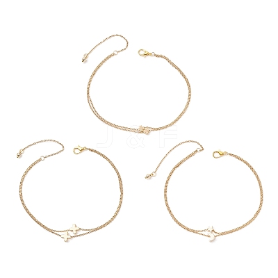 3Pcs 3 Styles Brass Clover Cross Moon Star Link 304 Stainless Steel Cable Chain Anklets for Women AJEW-AN00748-1