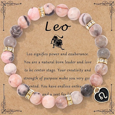 12 Constellations Natural Zebra Jasper Round Beaded with Enamel Heart Charm Bracelets WGB6967-07-1