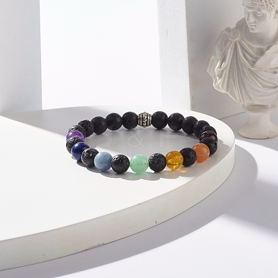 Natural Lava Rock & Mixed Stone Round Beads Stretch Bracelet BJEW-JB07469-02-1