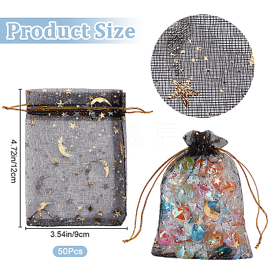 50Pcs Gold Stamping Moon & Star Organza Drawstring Gift Storage Bags OP-BBC0001-03A-02-1