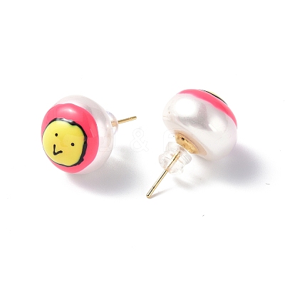 Natural Shell Smiling Face Stud Earrings with Enamel EJEW-G334-04A-1