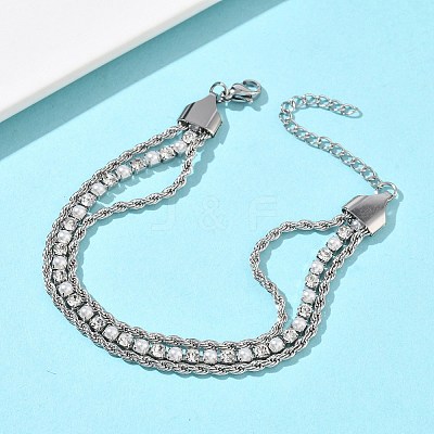 304 Stainless Steel & Rhinestone Rope Chain Double Layer Bracelets for Women BJEW-F540-07P-1