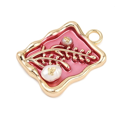 Brass Enamel & Natural Pearl Rectangle with Flower Pendants KK-K351-51G-01-1