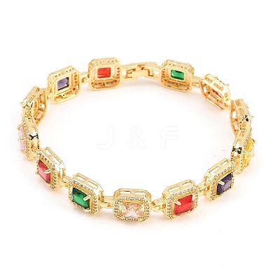 Square Brass Micro Pave Clear Cubic Zirconia and Glass Link Chain Bracelets BJEW-T025-04G-02-1