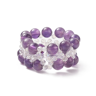 Natural Amethyst & Glass Braided Beaded Stretch Ring for Women RJEW-JR00546-02-1