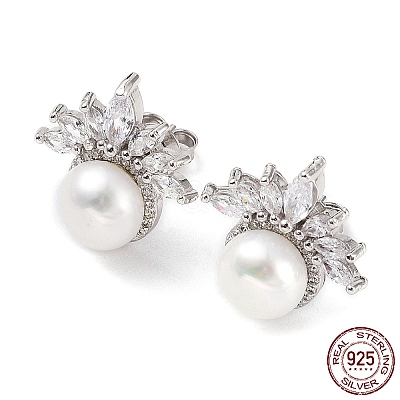 Anti-Tarnish Cubic Zirconia Flower with Natural Pearl Stud Earrings EJEW-F318-08P-1