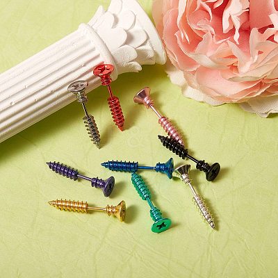 18Pcs 9 Colors PVD Vacuum Plating 304 Stainless Steel Unisex Punk Hip-hop Rock Nail Shape Screw Pierced Stud Earrings EJEW-SZ0001-28-1