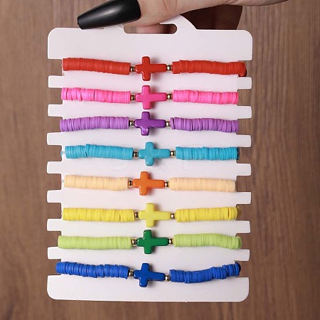 8Pcs Bohemia Srtyle Polymer Clay Heishi Beaded Stretch Bracelets FS-WG10640-01-1