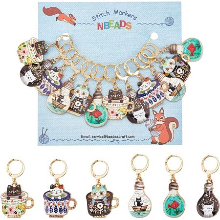 12Pcs 6 Colors Alloy Enamel Cat Charm Locking Stitch Markers HJEW-PH01531-1