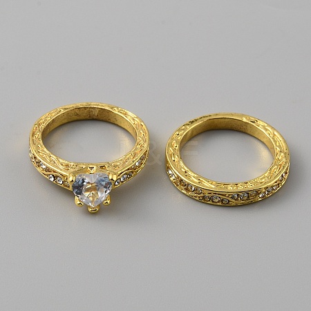 2Pcs 2 Style Cubic Zirconia Heart Finger Rings RJEW-WH0016-02G-02-1