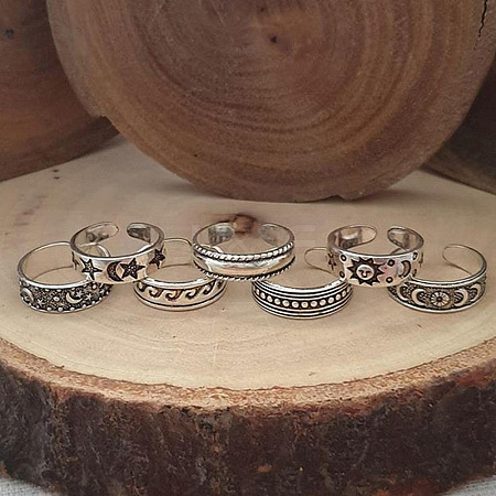 7Pcs 7 Styles Star Moon Sun Pattern Alloy Cuff Toe Rings Sets FS-WGEBD78-01-1