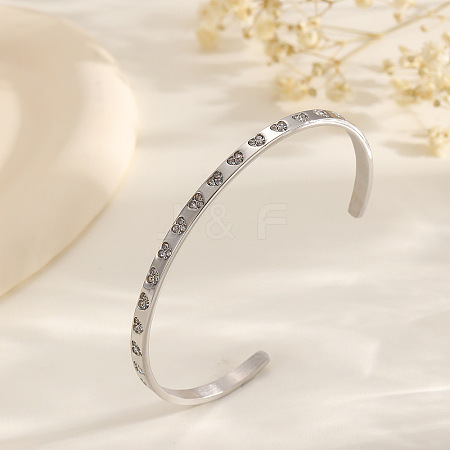 304 Stainless Steel Pave Heart Clear Cubic Zirconia Open Cuff Bangles for Women WG7A2FA-02-1
