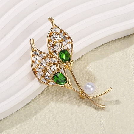 Calla Flower Alloy Crystal & Emerald Rhinestone Brooches JEWB-M046-25G-1