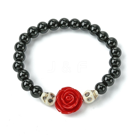 Halloween Theme 8.5mm Synthetic Black Stone Beaded Stretch Bracelets BJEW-JB10882-01-1