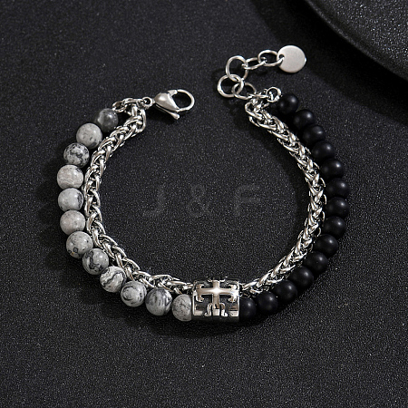 Natural Map Stone and Frosted Obsidian Round Beaded 2-Strand Bracelets with 201 Stainless Steel Wheat Chains for Men Women NT5911-1-1