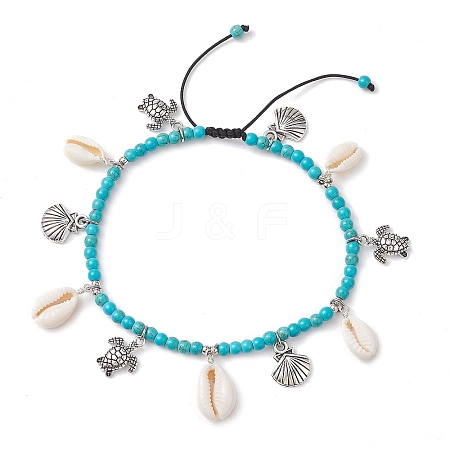 Natural Shell & Alloy Tortoise Charm Anklet AJEW-TA00022-1