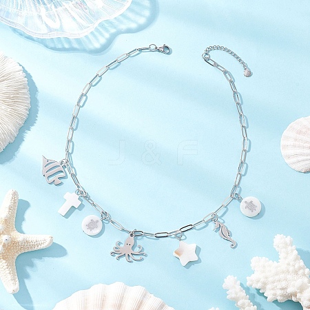 Alloy & Natural White Shell Pendant Brass Paperclip Chain Necklaces for Women NJEW-JN05406-03-1