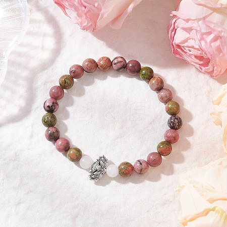 Natural Unakite & White Jade & Rhodonite Round Beaded Stretch Bracelets BJEW-JB11953-01-1