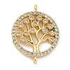 Rack Plating Brass Clear Cubic Zirconia Flat Round with Tree Connector Charms KK-A234-032G-1