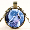Wolf Pattern Flat Round Glass Pendant Necklaces NJEW-N0051-013B-01-1