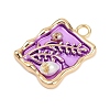 Brass Enamel & Natural Pearl Rectangle with Flower Pendants KK-K351-51G-03-2