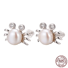 Crab Platinum Tone Rhodium Plated 925 Sterling Silver Cubic Zirconia Ball Ear Studs EJEW-E174-04P