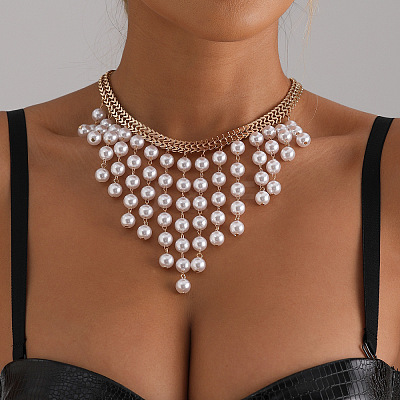 Alloy Imitation Pearl Round Tassel Bib Necklaces for Women WGDE514-01-1